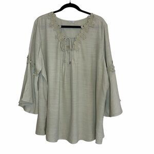 2/$30 Cato Sage Green Blouse with Floral Details and Bell Sleeves